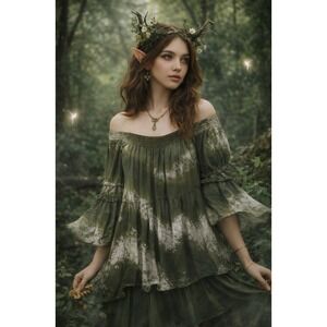 Tempo Paris Blouse M/L Green Silk Tiered Bell Sleeve Woodland Fairy Grunge